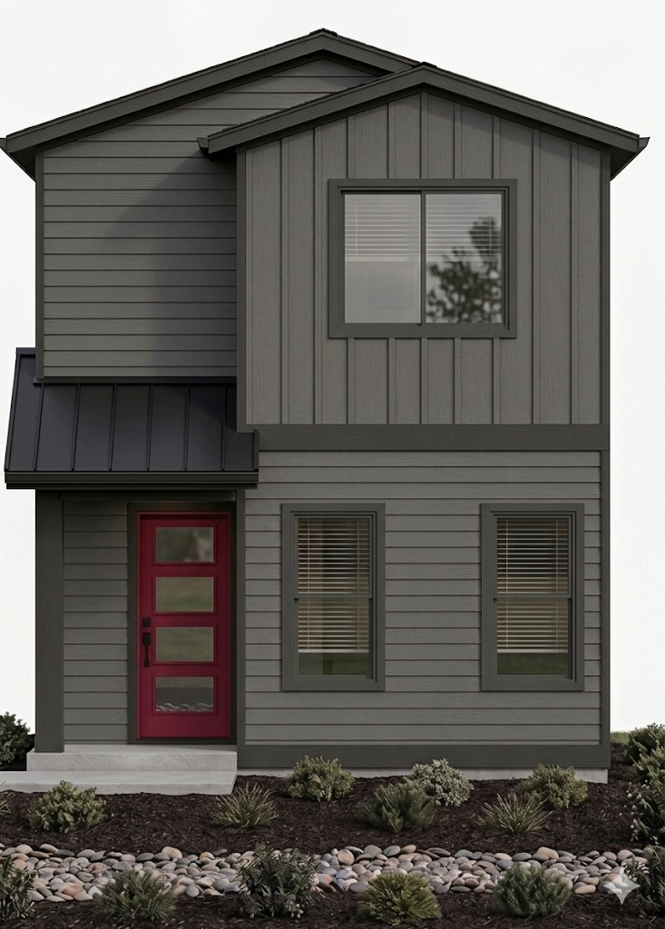 Single Rogers 14 home — dark green siding, red front door, wood porch post